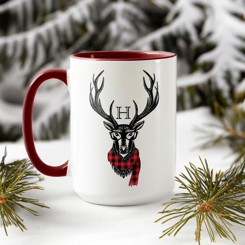 Cozy  Warm  Red Buffalo Plaid Deer Monogram Mug