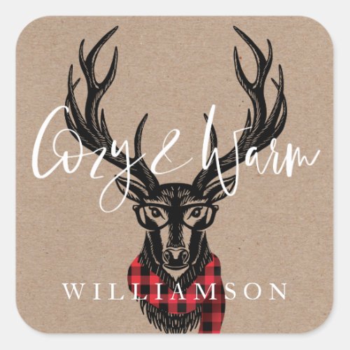 Cozy  Warm  Red Buffalo Plaid Reindeer Family Square Sticker