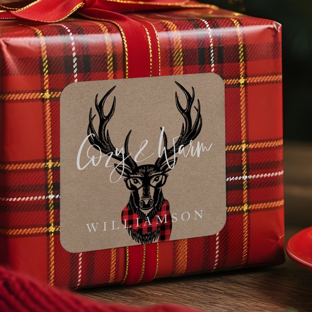 Cozy & Warm | Red Buffalo Plaid Reindeer Family Square Sticker (Cozy & Warm | Red Buffalo Plaid Reindeer Family Square Sticker)