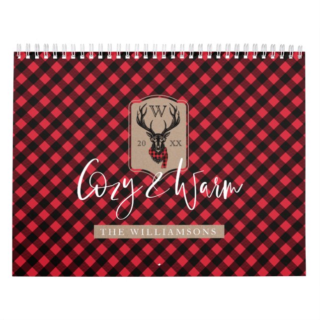 Cozy & Warm | Red Buffalo Plaid Reindeer Monogram Calendar (Cover)