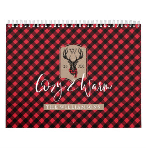 Cozy & Warm Red Buffalo Plaid Reindeer Monogram Calendar