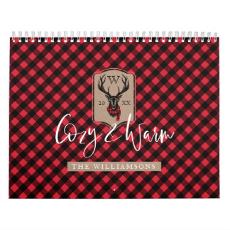Cozy & Warm | Red Buffalo Plaid Reindeer Monogram Calendar