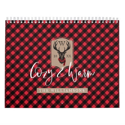 Cozy  Warm  Red Buffalo Plaid Reindeer Monogram Calendar