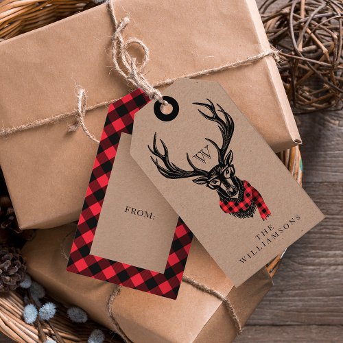 Cozy  Warm  Red Buffalo Plaid Reindeer Monogram Gift Tags