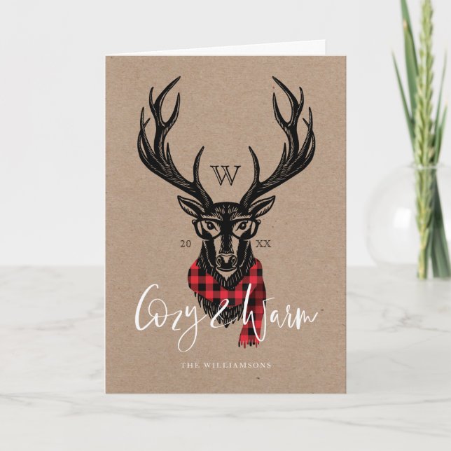 Cozy & Warm | Red Buffalo Plaid Reindeer Monogram Holiday Card (Front)
