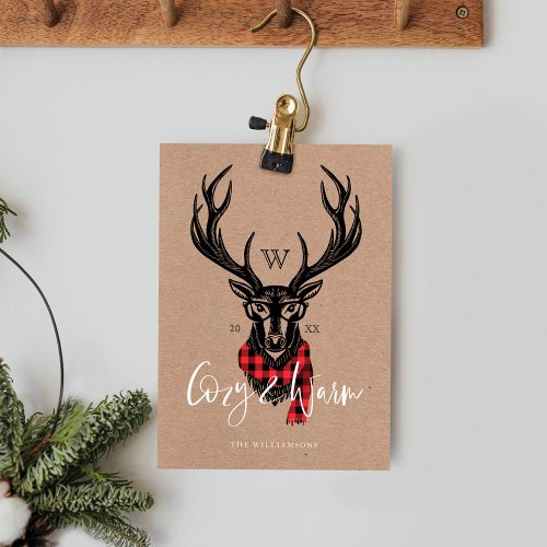Cozy  Warm  Red Buffalo Plaid Reindeer Monogram Holiday Card