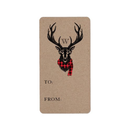 Cozy  Warm  Red Buffalo Plaid Reindeer Monogram Label