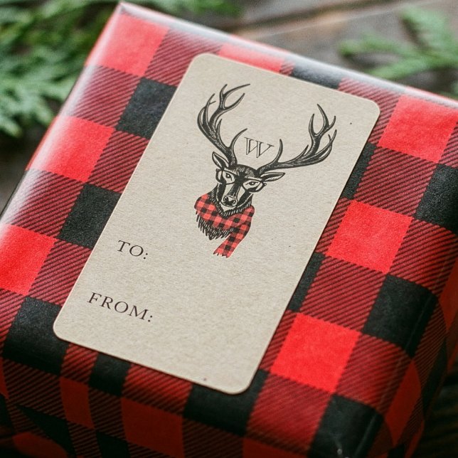 Cozy & Warm | Red Buffalo Plaid Reindeer Monogram Label (Cozy & Warm | Red Buffalo Plaid Reindeer Monogram Label)