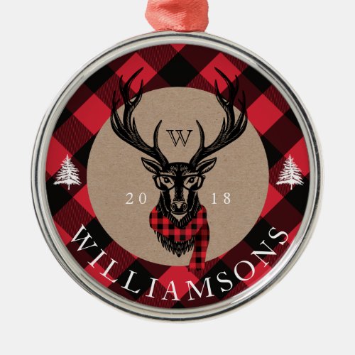 Cozy  Warm  Red Buffalo Plaid Reindeer Monogram Metal Ornament