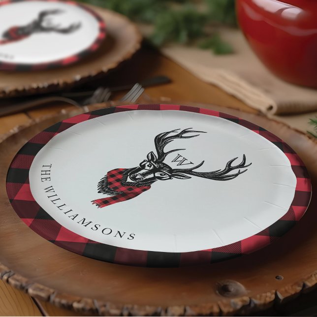 Cozy & Warm | Red Buffalo Plaid Reindeer Monogram Paper Plates (Cozy & Warm | Red Buffalo Plaid Reindeer Monogram Paper Plates)