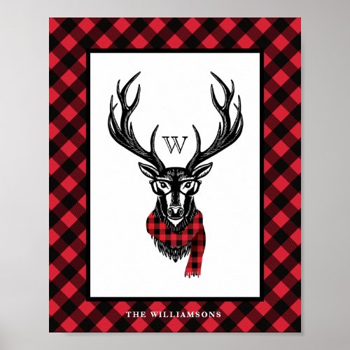 Cozy  Warm  Red Buffalo Plaid Reindeer Monogram Poster