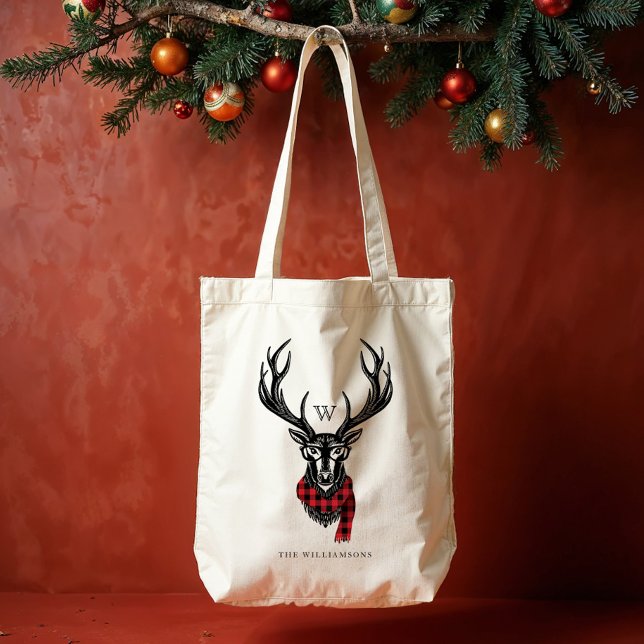 Cozy & Warm | Red Buffalo Plaid Reindeer Monogram Tote Bag (Cozy & Warm | Red Buffalo Plaid Reindeer Monogram Tote Bag)