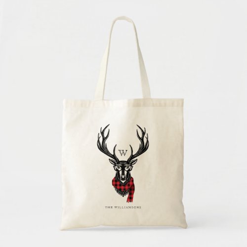 Cozy  Warm  Red Buffalo Plaid Reindeer Monogram Tote Bag