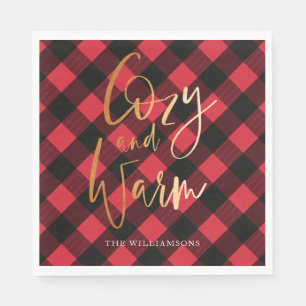 Cozy & Warm Script Red Buffalo Plaid Christmas Napkins