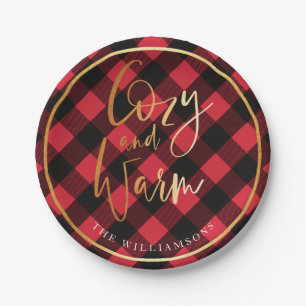 Cozy & Warm Script Red Buffalo Plaid Christmas Paper Plates