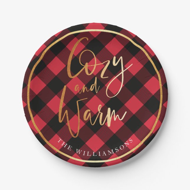 Cozy & Warm Script | Red Buffalo Plaid Christmas Paper Plates (Front)