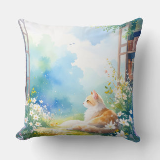Cozy Watercolor Cat Floral Throw Pillow