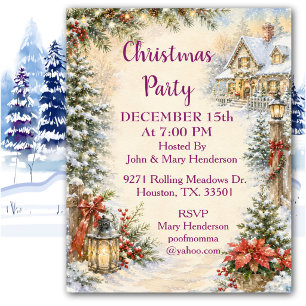 Cozy Watercolor Christmas Cottage Holiday Party Invitation