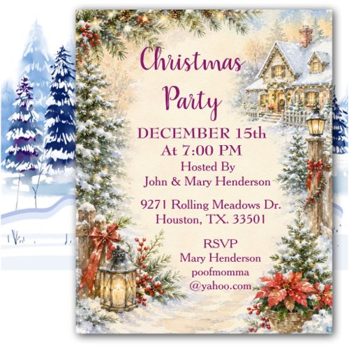 Cozy Watercolor Christmas Cottage Holiday Party Invitation