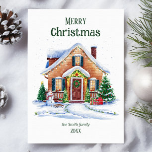 Cozy Watercolor Christmas House Holiday Card