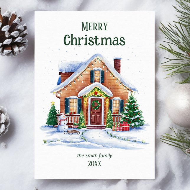 Cozy Watercolor Christmas House Holiday Card (Creator Uploaded)