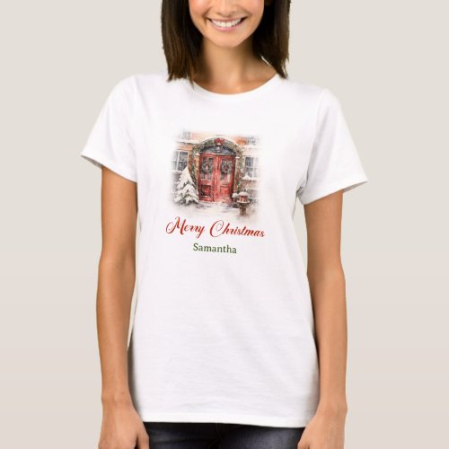 Cozy watercolor Christmas house in snow city T_Shirt
