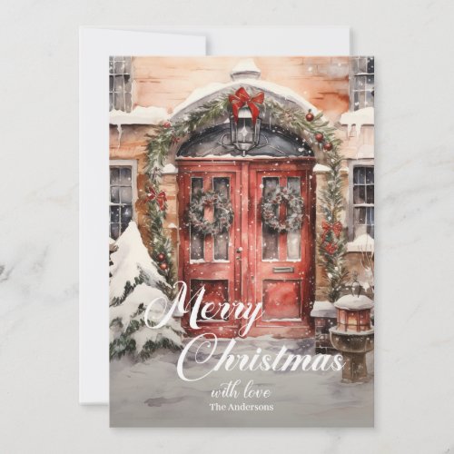Cozy watercolor Christmas red door in snow city Holiday Card
