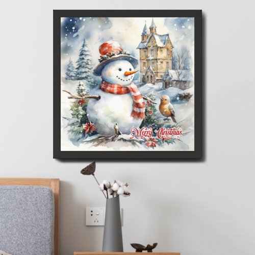 Cozy watercolor Christmas winter scene snowman Framed Art