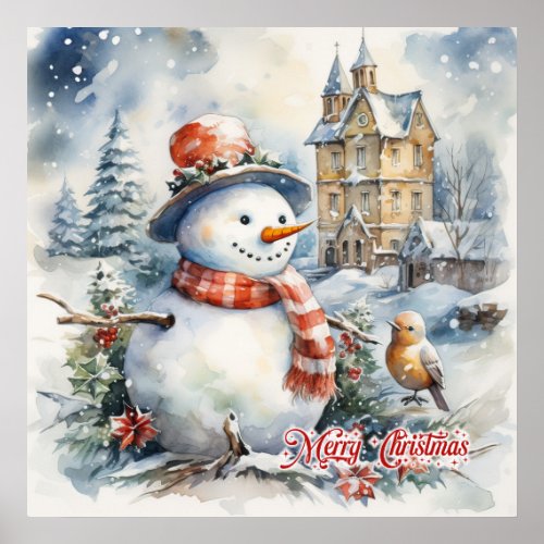 Cozy watercolor Christmas winter scene snowman Poster