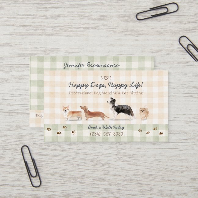 Cozy Watercolor Dog Walker Pet Sitting Gingham Business Card