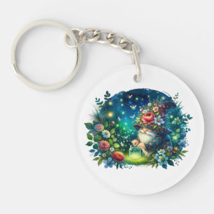 Cozy Watercolor Garden Gnome and Fireflies Keychain