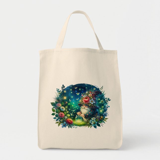 Cozy Watercolor Garden Gnome and Fireflies Tote Bag (Front)
