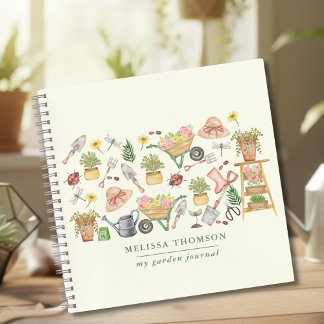 Cozy Watercolor Gardening Tools Rose Botanical Notebook