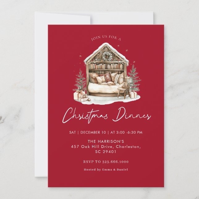 Cozy watercolor  Holiday Dinner Christmas Invitation (Front)