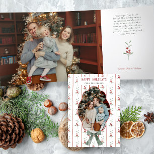 Cozy Watercolor Holly Green Bow Photo Tri-Fold Card