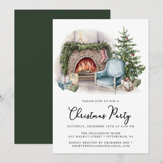 Cozy Watercolor Home Christmas Party Invitation (Front/Back)