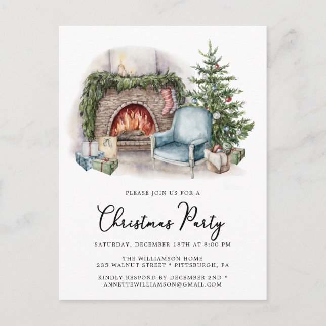 Cozy Watercolor Home Christmas Party Invitation Postcard (Front)