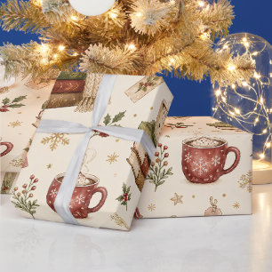 Cozy Watercolor Hot Cocoa Books Holly Christmas Wrapping Paper
