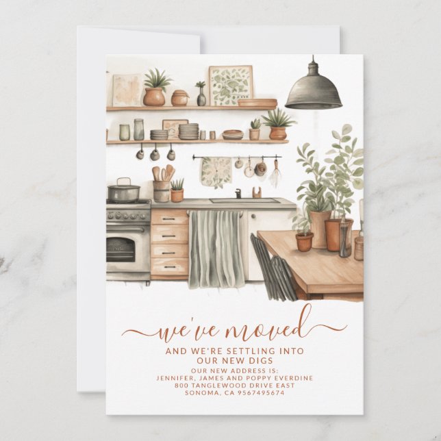 Cozy Watercolor Kitchen New Address Moving Announcement (Front)