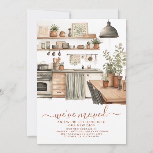 Cozy Watercolor Kitchen New Address Moving Announcement