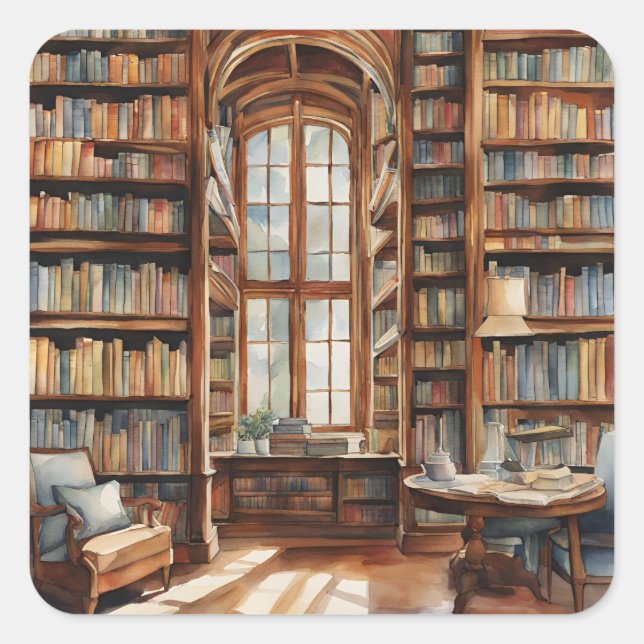 Cozy Watercolor Library Square Sticker (Front)