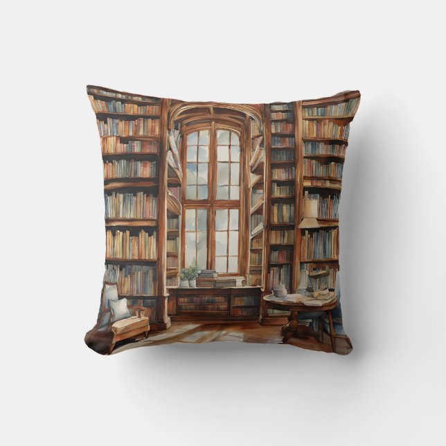 Cozy Watercolor Library Throw Pillow (Front)
