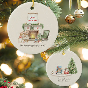 Cozy Watercolor Mice Fireplace Christmas Ceramic Ornament