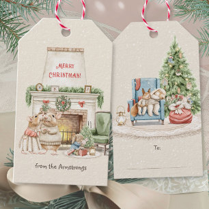 Cozy Watercolor Mice Fireplace Christmas Gift Tags