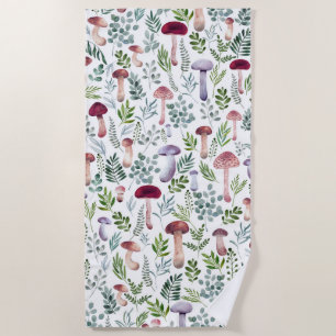 Cozy Watercolor Mushrooms Pattern Beach Towel