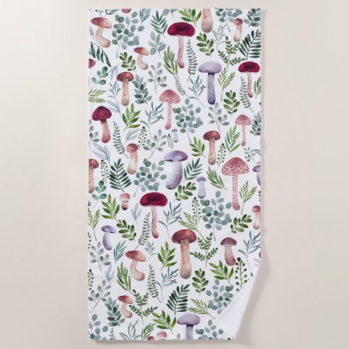 Cozy Watercolor Mushrooms Pattern   Beach Towel