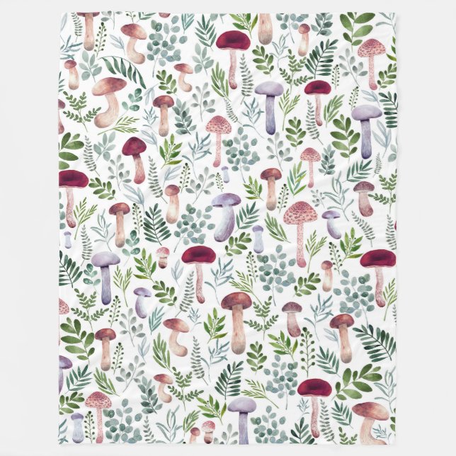 Cozy Watercolor Mushrooms Pattern Fleece Blanket (Front)