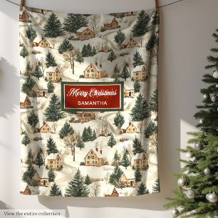 Cozy Watercolor Neutral Earthy Colors Xmas Village Fleece Blanket