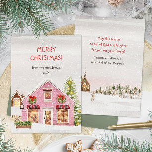 Cozy Watercolor Pink Winter Village Christmas Holiday Card