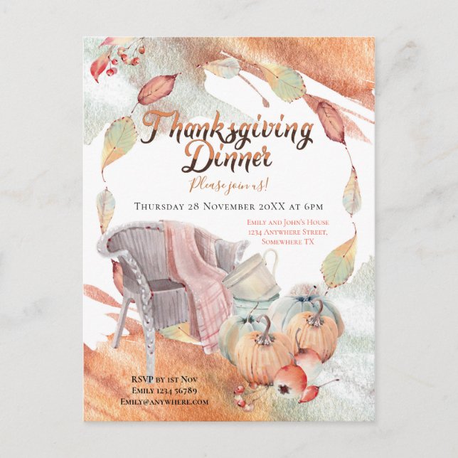 Cozy Watercolor Pumpkin Chair Leaf Thanksgiving Postcard (Front)